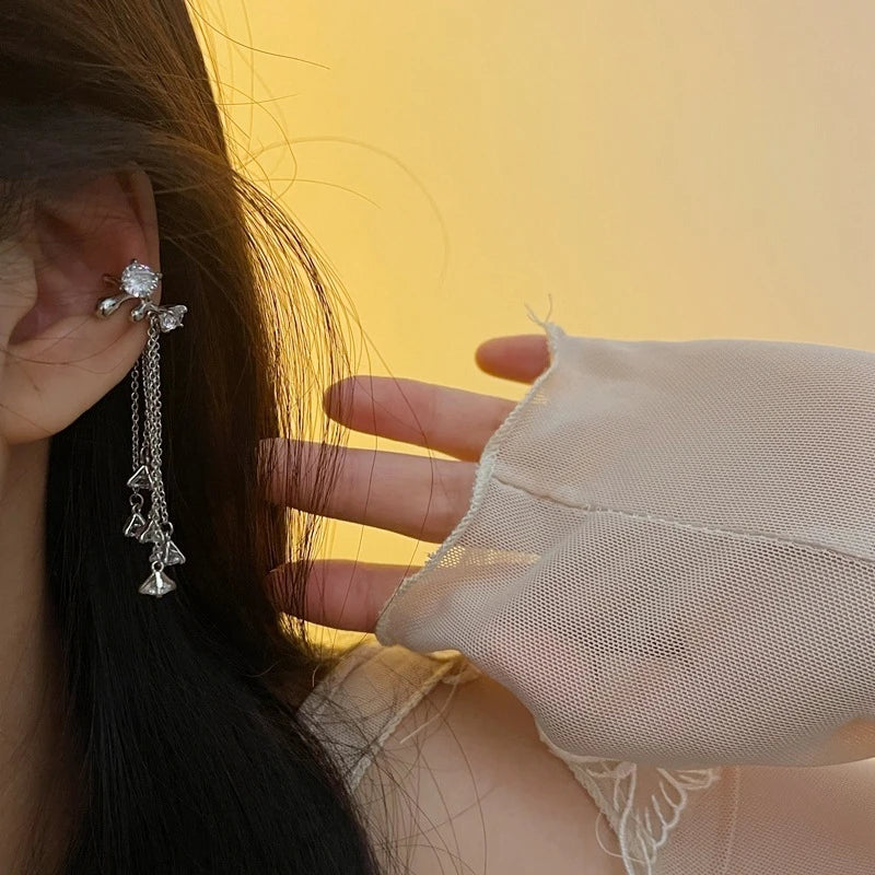 Zircon Tassel Ear Clips Silver No Piercing Ear Jewelry
