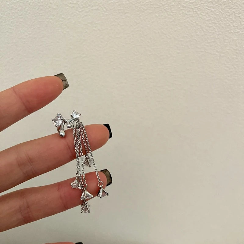 Zircon Tassel Ear Clips Silver No Piercing Ear Jewelry
