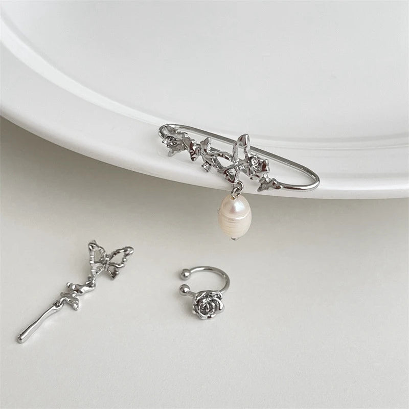 Zircon Butterfly Clip Earrings Pearl Ear Jewelry