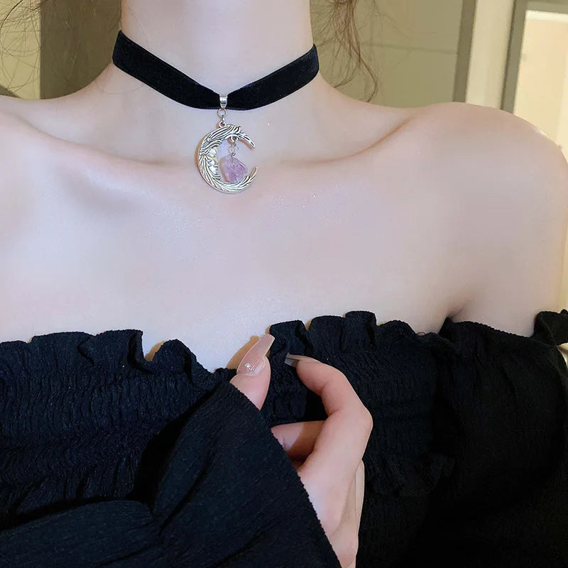 Moon Shape Purple Stone Pendant Necklace for Women