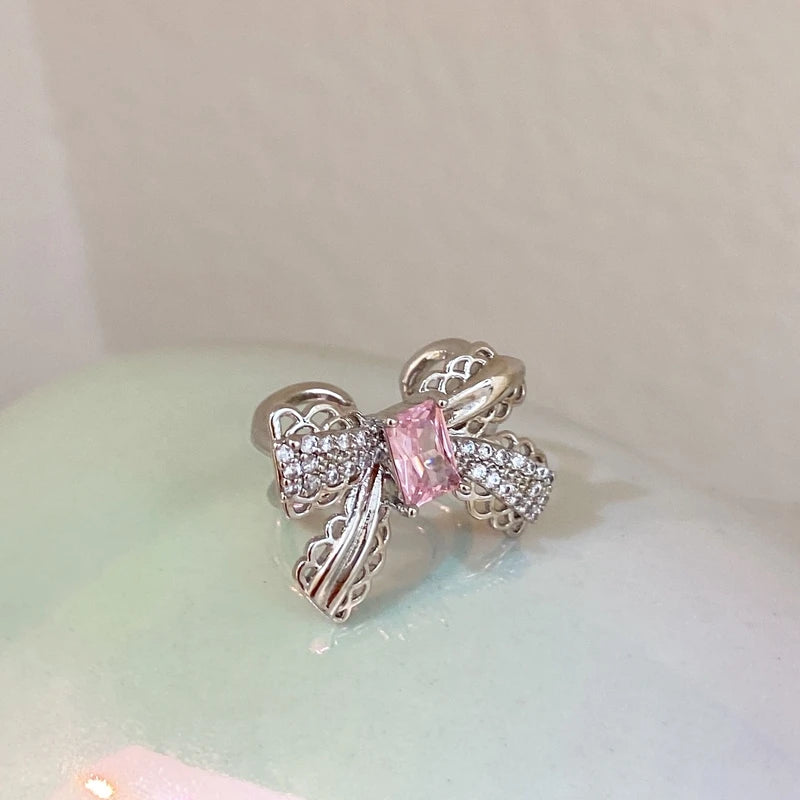 Pink Crystal Bowknot Clip Earrings Pearl Zircon No Piercing Ear Jewelry