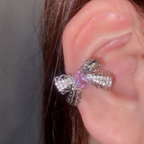 Pink Crystal Bowknot Clip Earrings Pearl Zircon No Piercing Ear Jewelry