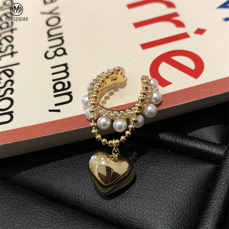 Heart Clip Earrings for Women Zircon Pearl No Piercing Ear Jewelry