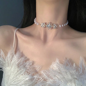 Pearl Beads Choker Necklace Flower Crystal Short Necklace