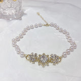 Pearl Beads Choker Necklace Flower Crystal Short Necklace