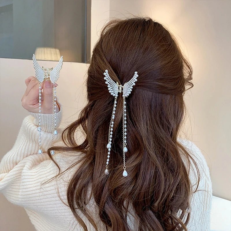 Pearl Wings Hair Claws Tassel Crab Clip Headwear