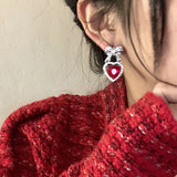 Red Heart Crystal Rhinestone Bow Drop Earrings Party Jewelry