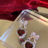 Red Heart Crystal Rhinestone Bow Drop Earrings Party Jewelry