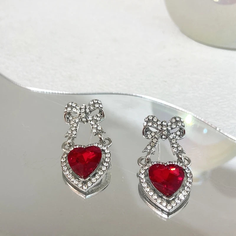 Red Heart Crystal Rhinestone Bow Drop Earrings Party Jewelry