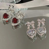 Red Heart Crystal Rhinestone Bow Drop Earrings Party Jewelry