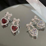 Red Heart Crystal Rhinestone Bow Drop Earrings Party Jewelry