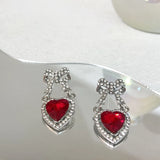 Red Heart Crystal Rhinestone Bow Drop Earrings Party Jewelry