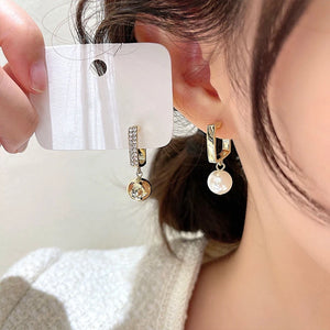 Asymmetric Square Hoop Earrings with Pearl Ball