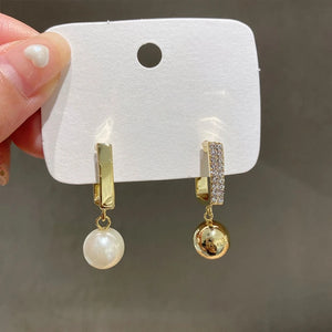 Asymmetric Square Hoop Earrings with Pearl Ball