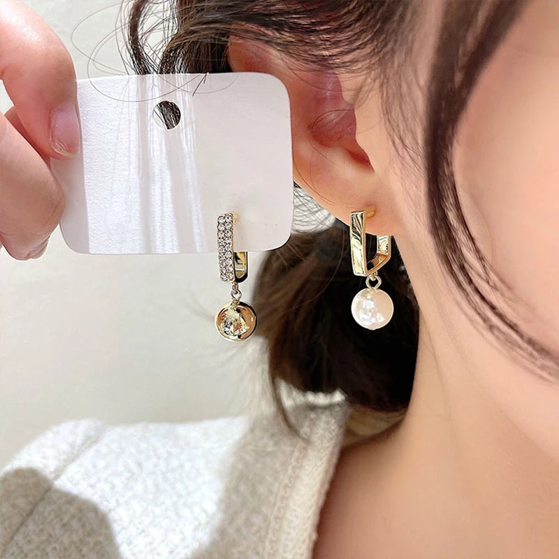 Asymmetric Square Hoop Earrings with Pearl Ball