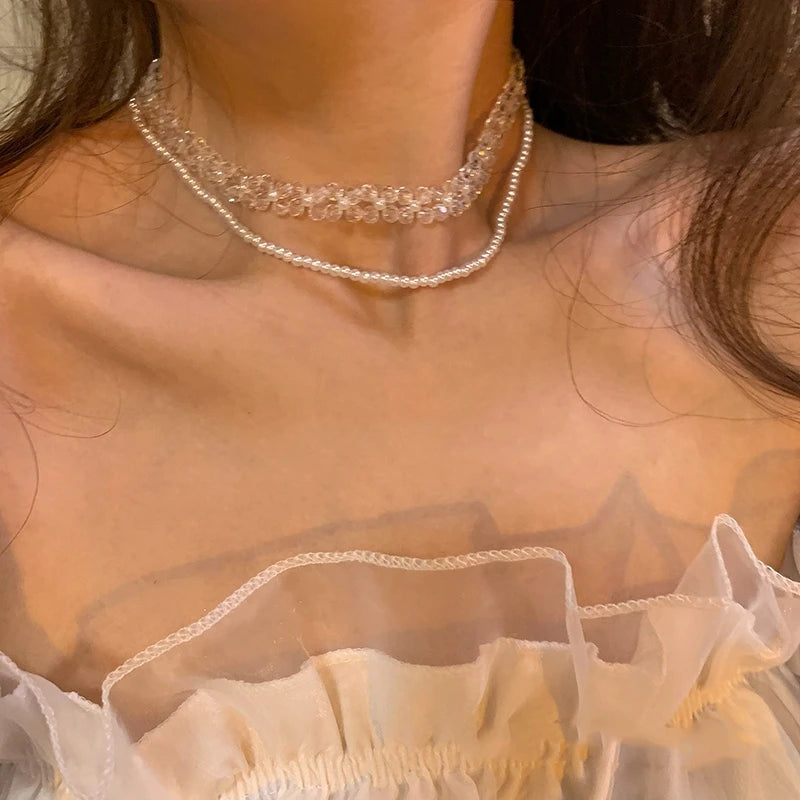 Vintage Acrylic Flower Double Layers Necklace For Women Pearl Choker