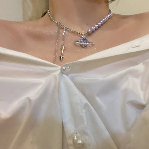 Purple Beads Choker Necklace Heart Space Crystal Sparkling Party Jewelry