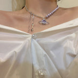 Purple Beads Choker Necklace Heart Space Crystal Sparkling Party Jewelry