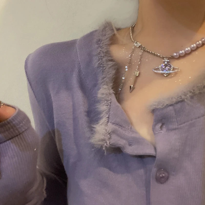 Purple Beads Choker Necklace Heart Space Crystal Sparkling Party Jewelry