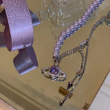 Purple Beads Choker Necklace Heart Space Crystal Sparkling Party Jewelry