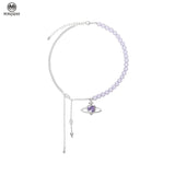 Purple Beads Choker Necklace Heart Space Crystal Sparkling Party Jewelry