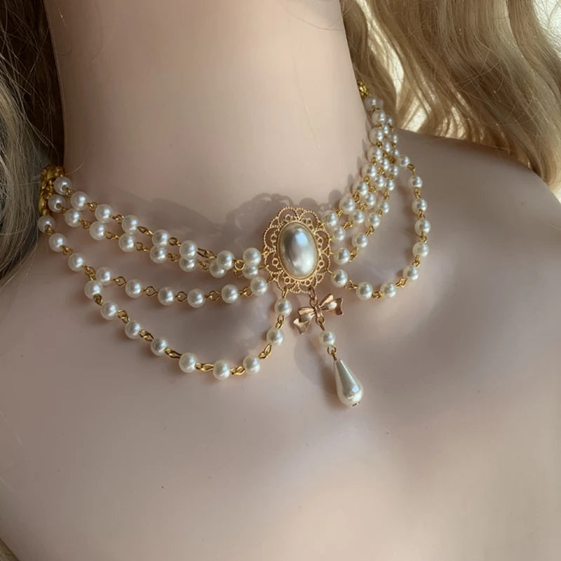 Vintage Style Pearl Choker Necklace Bowknot Pendant Jewelry