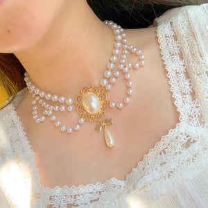 Vintage Style Pearl Choker Necklace Bowknot Pendant Jewelry