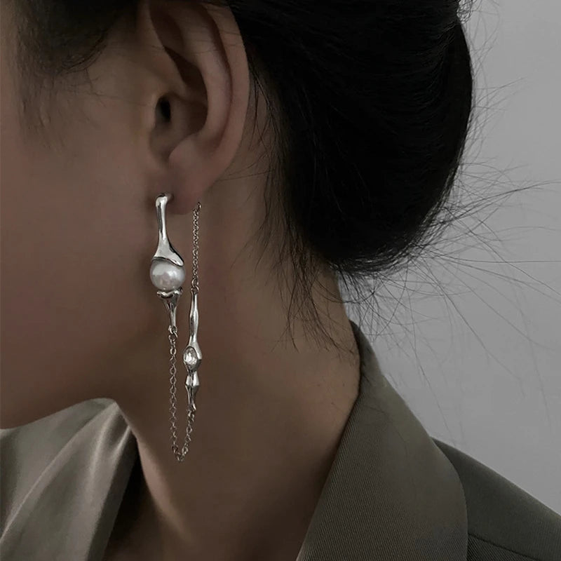 Irregular Metal Drop Earrings Asymmetric Pearl Jewelry