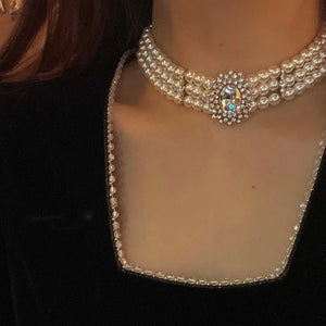 Vintage Style Pearl Choker Necklace Crystal Short Necklace Party Jewelry