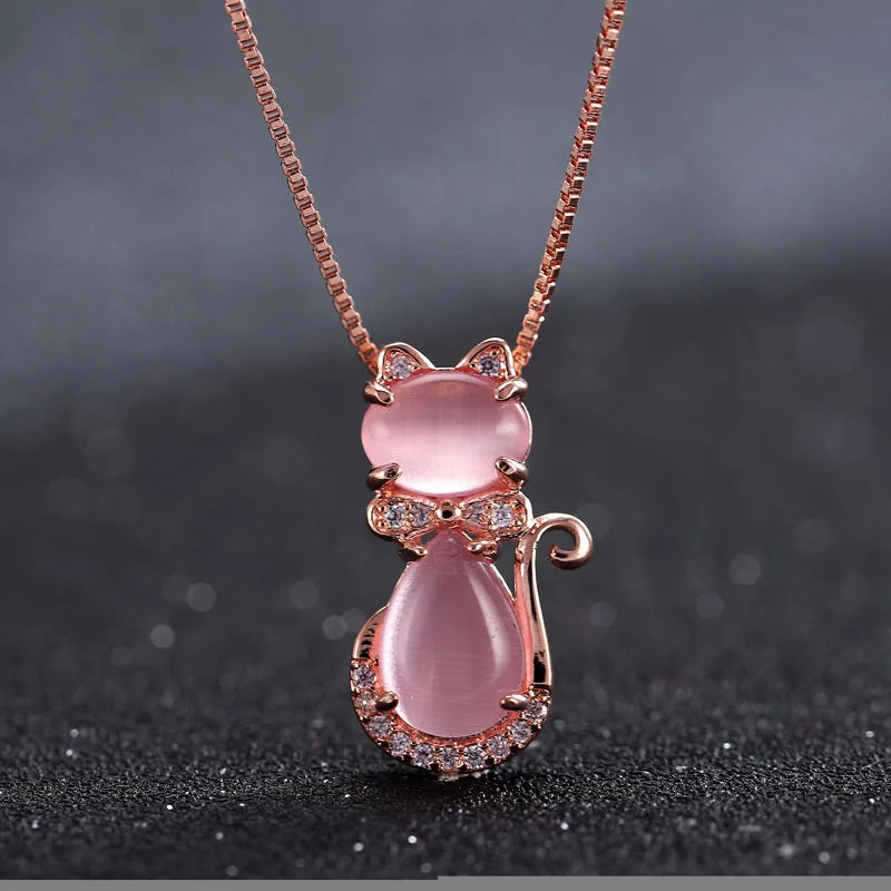 MENGYI Cat Inlaid Pink Stone 925 Pendant Necklace Women