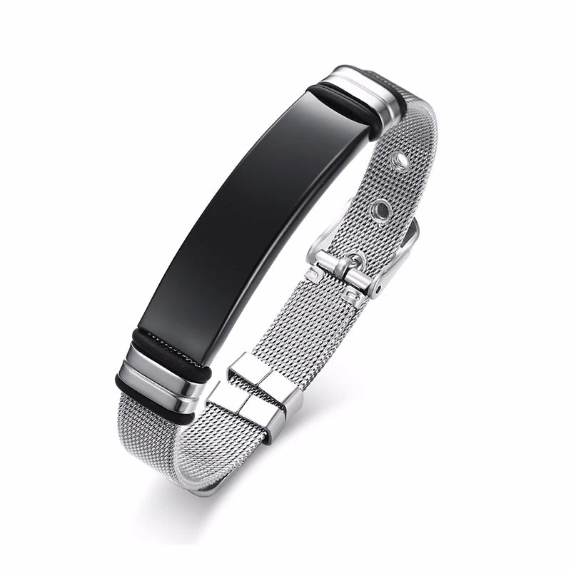 Adjustable Engravable Mesh Silver Steel Bracelet for Men Women