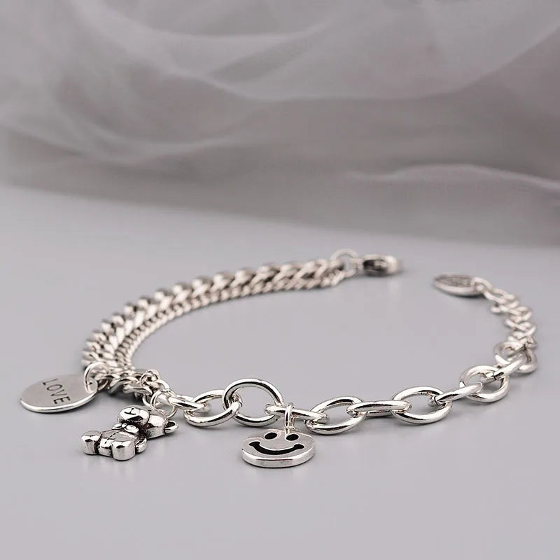 Vintage Smiley Face Bear Chain Bracelet Thai Silver Jewelry