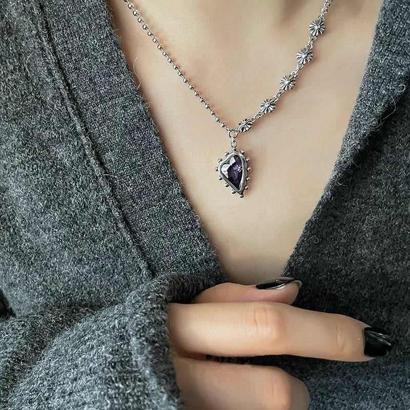 Silver Splicing Chain Necklace Vintage Purple LOVE Heart Zircon Party