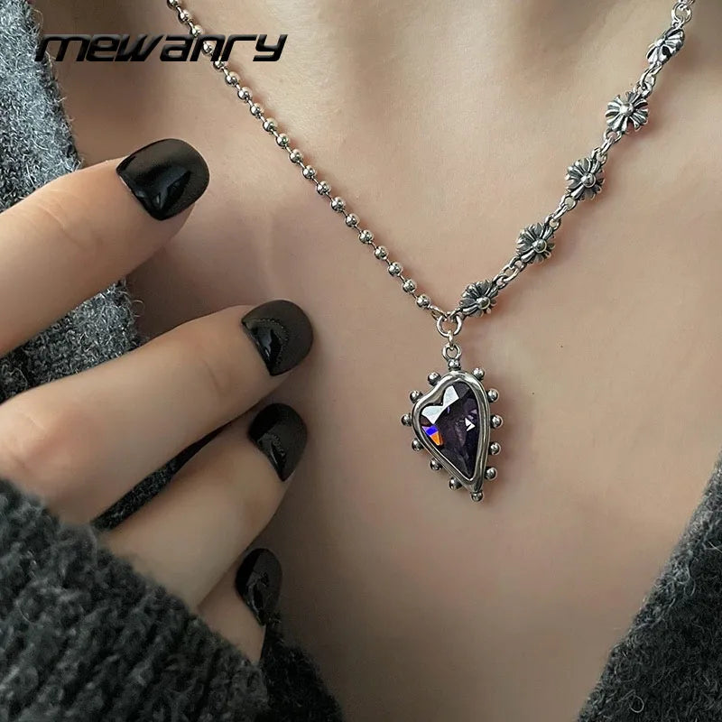 Silver Splicing Chain Necklace Vintage Purple LOVE Heart Zircon Party