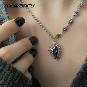 Silver Splicing Chain Necklace Vintage Purple LOVE Heart Zircon Party