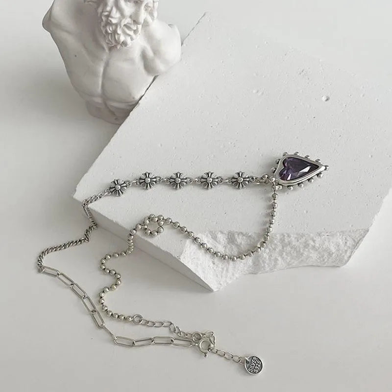 Silver Splicing Chain Necklace Vintage Purple LOVE Heart Zircon Party