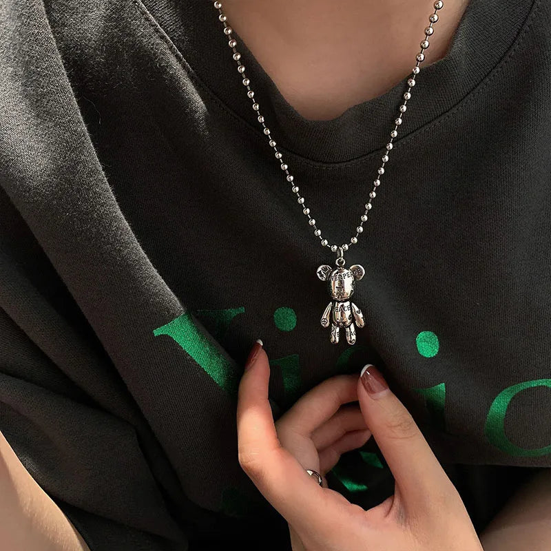 Silver Bear Pendant Necklace for Women Vintage Letter Pattern Party Jewelry
