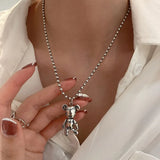 Silver Bear Pendant Necklace for Women Vintage Letter Pattern Party Jewelry