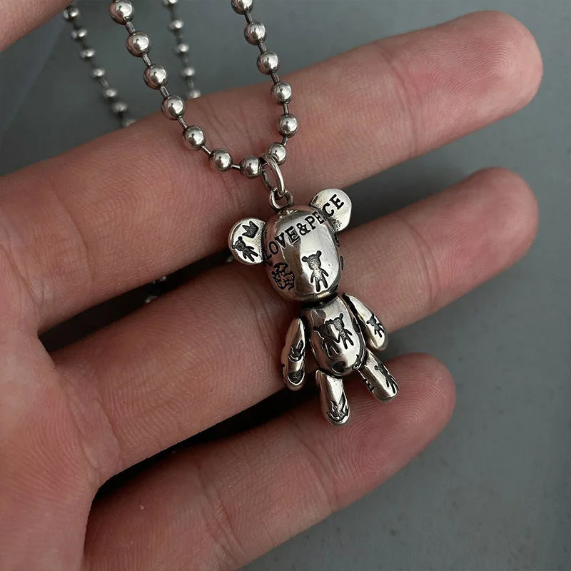 Silver Bear Pendant Necklace for Women Vintage Letter Pattern Party Jewelry