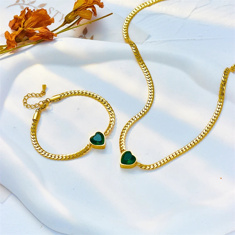 316 Stainless Steel Bracelet with Green Heart Zircon Pendant