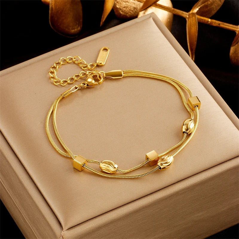 316 Stainless Steel Double Chain Bracelet Geometric Pendant For Women