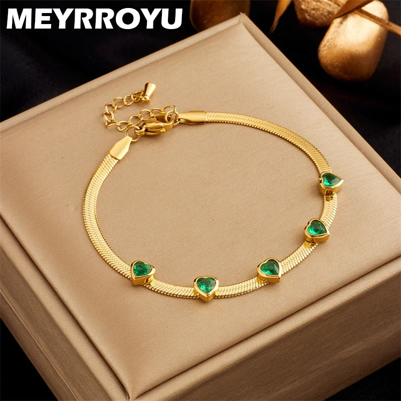 316 Stainless Steel Green Heart Zircon Pendant Bracelet