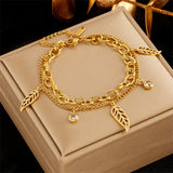 Vintage 316 Stainless Steel Leaves Zircon Pendant Bracelet for Women