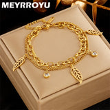 Vintage 316 Stainless Steel Leaves Zircon Pendant Bracelet for Women