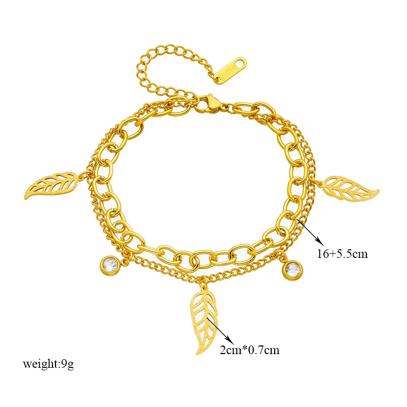 Vintage 316 Stainless Steel Leaves Zircon Pendant Bracelet for Women