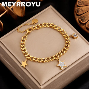 316 Stainless Steel Star Chain Charm Bracelet For Women