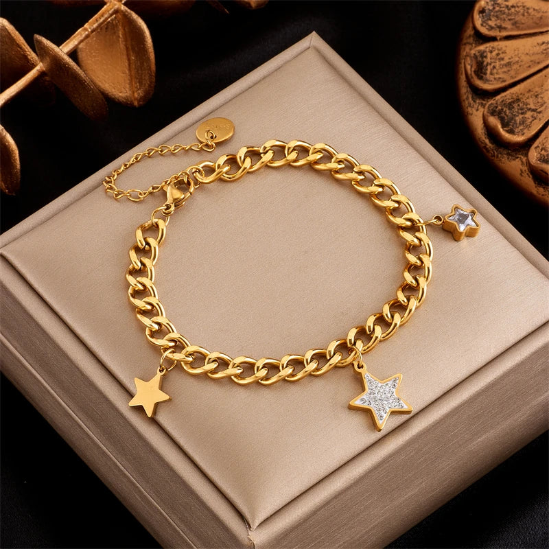 316 Stainless Steel Star Chain Charm Bracelet For Women