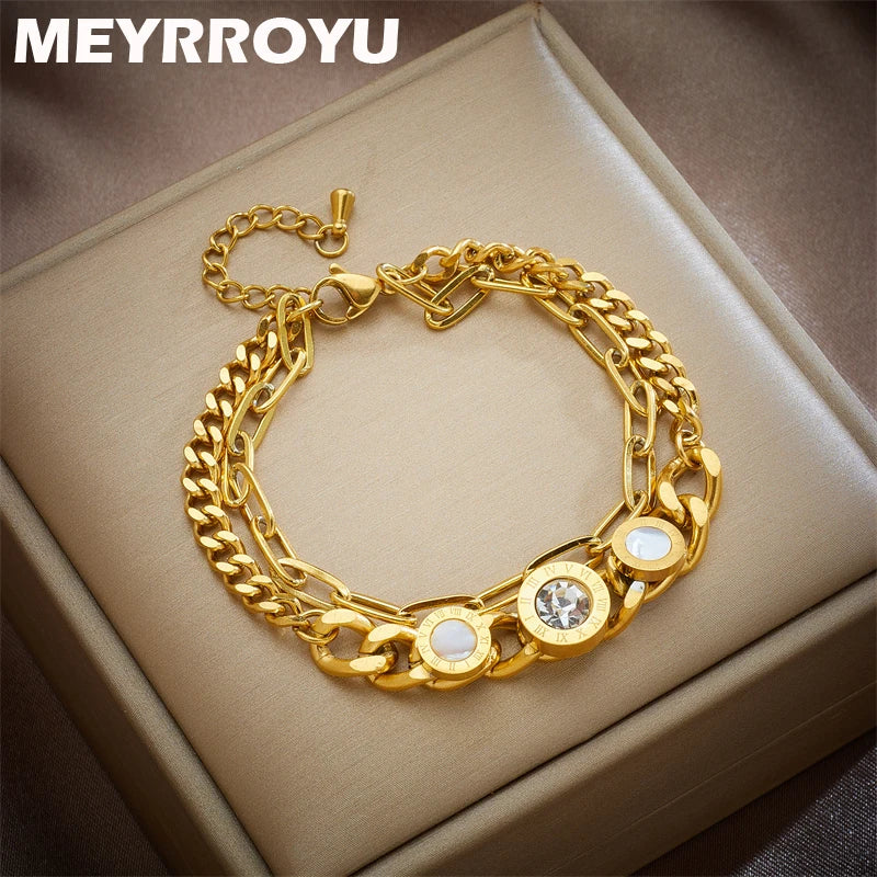 316 Stainless Steel Round Zircon Charm Bracelet Retro Punk Jewelry Bijoux