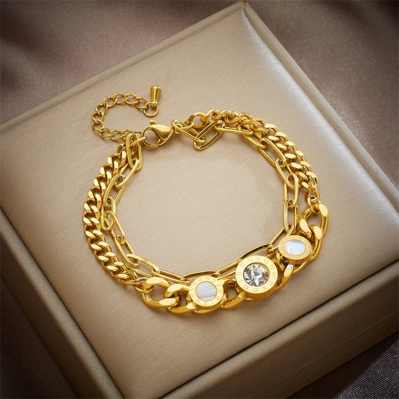 316 Stainless Steel Round Zircon Charm Bracelet Retro Punk Jewelry Bijoux