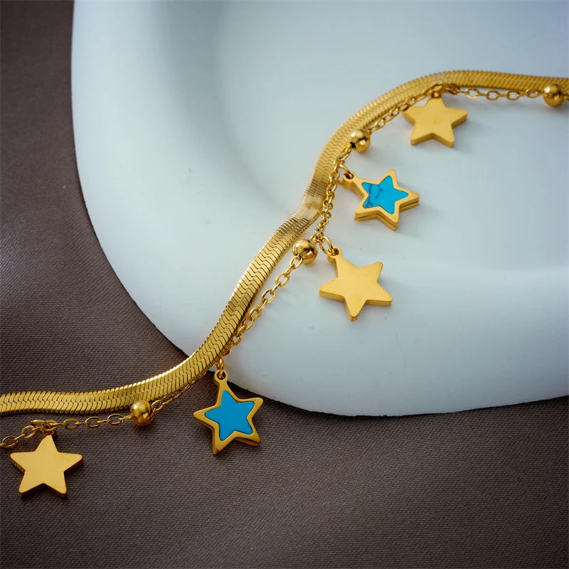316 SS Vintage Star Double Layer Snake Chain Charm Bracelet For Women
